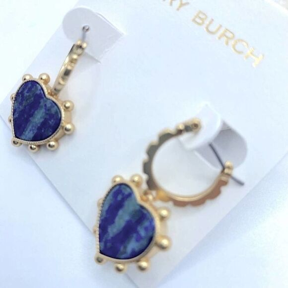 NWOT Tory Burch Gold Drop Blue Lapis Heart Earrings - Picture 6 of 7